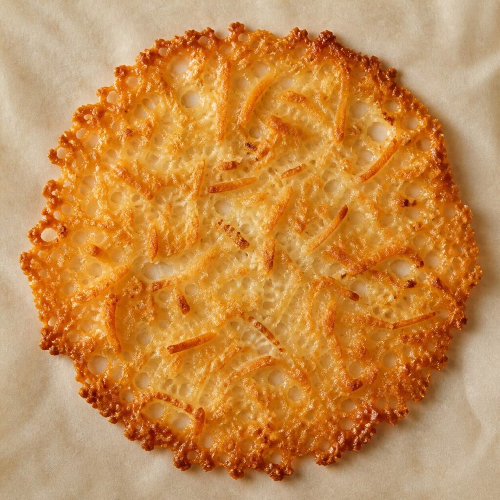 Toasted strands lace the round coconut tuile