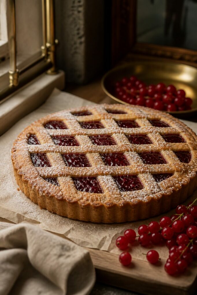Cachos de groselhas junto à Linzer Torte perto da janela