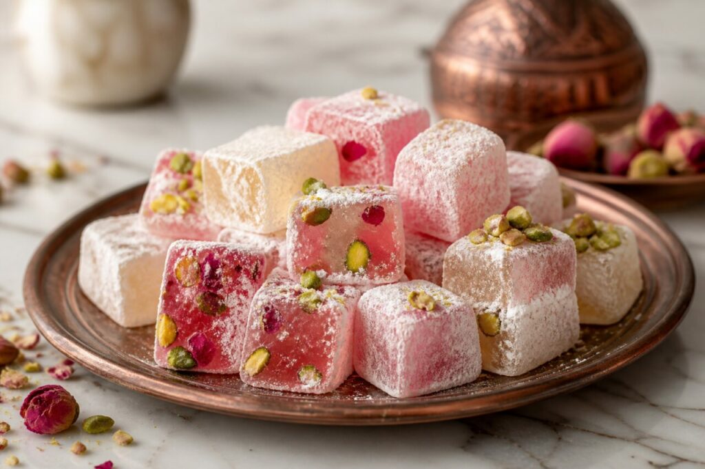 Cubos de lokum turco de rosa e pistácio polvilhados numa travessa de cobre