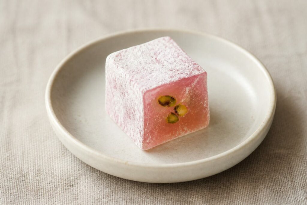 Lokum turc rose en cube poudré avec pistaches visibles
