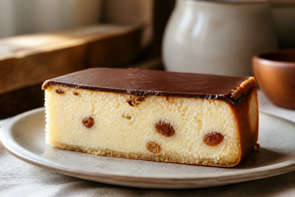 Longue tranche de cheesecake de Lviv aux raisins visibles