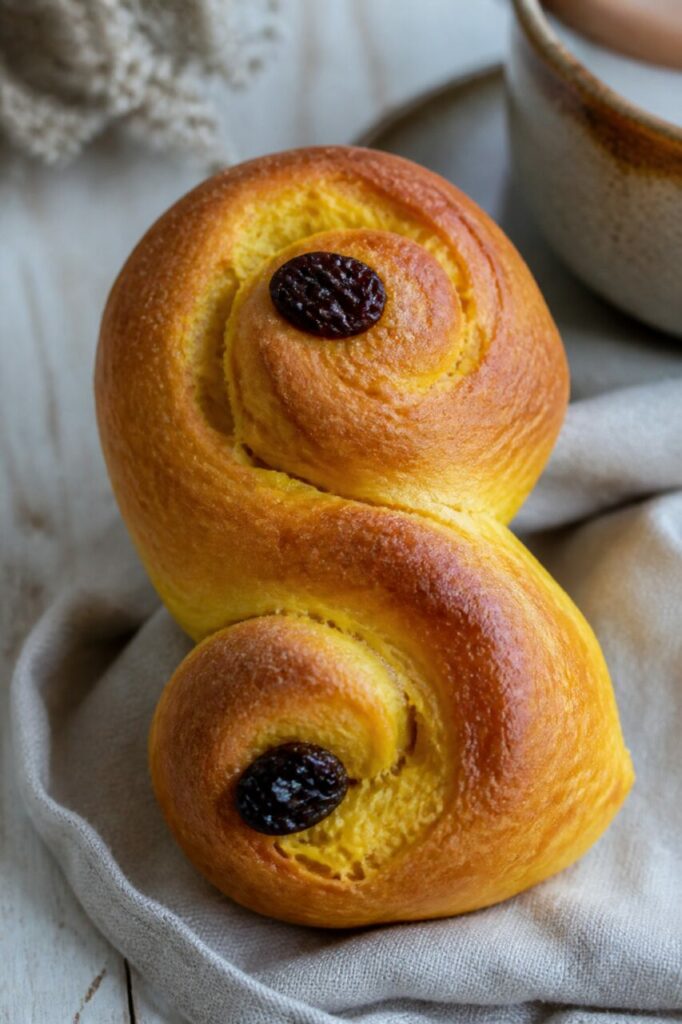 Ein einzelner Lussekatt mit seiner Rosine in der Mitte