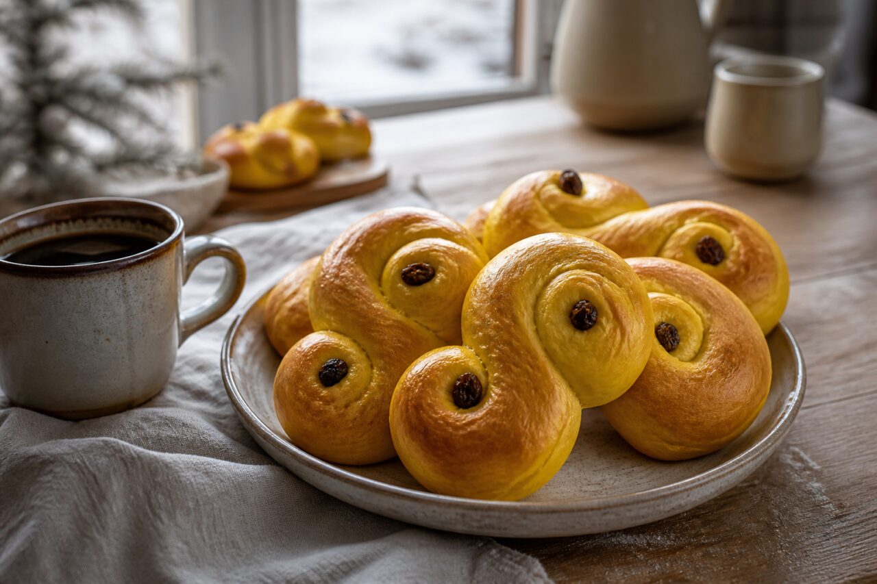Café e um lussekatt servido no prato