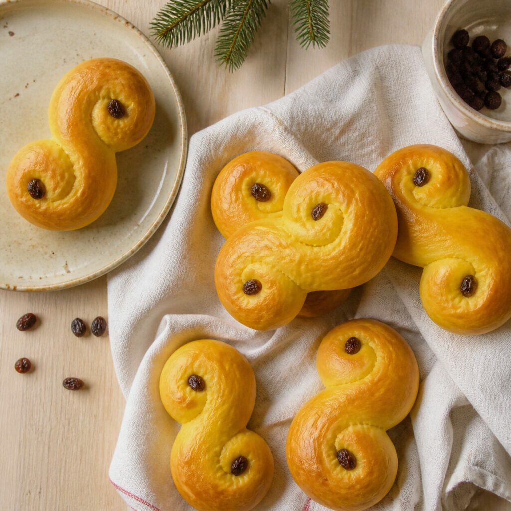 Mehrere goldene Lussekatter auf hellem Leinen