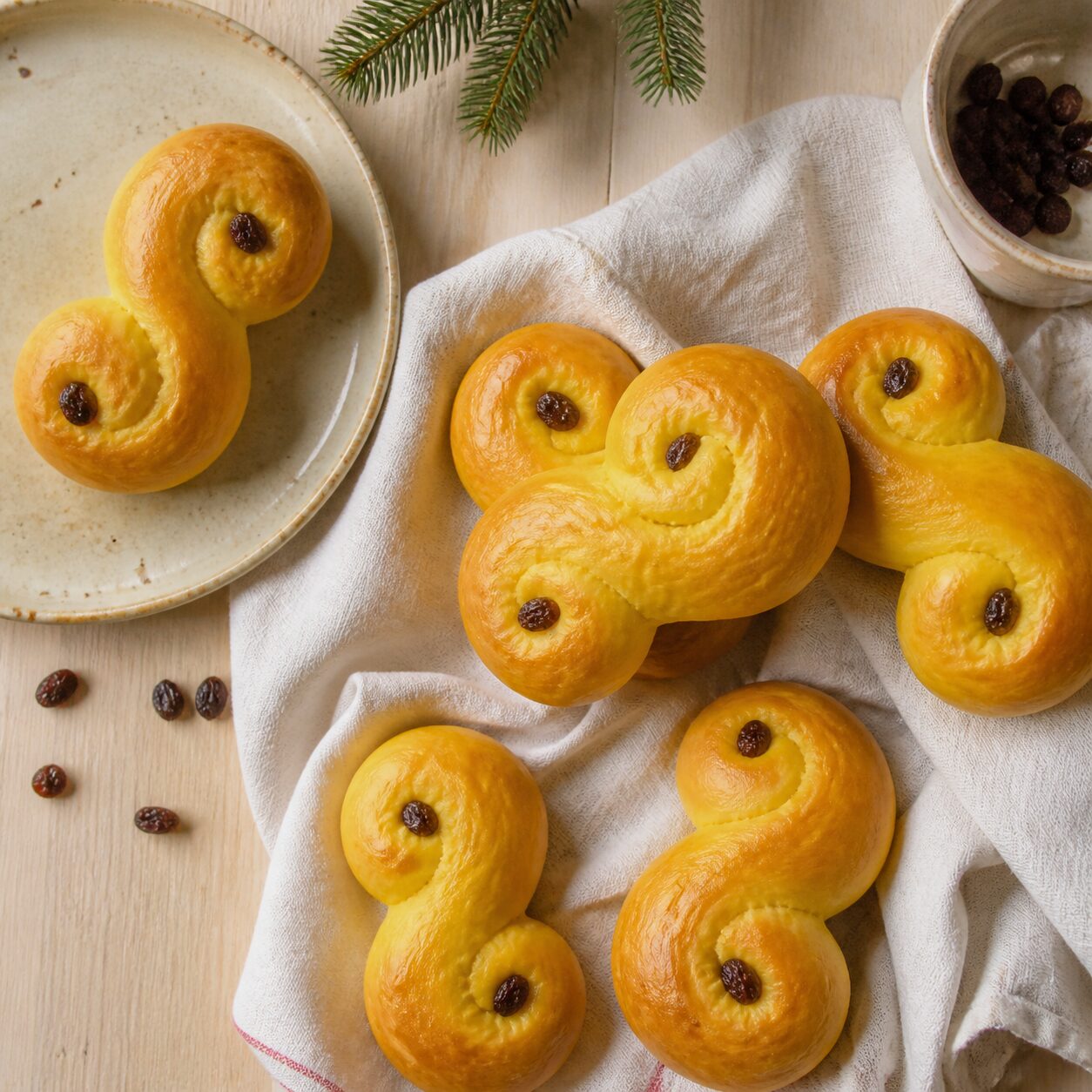 Vários lussekatter dourados sobre um pano claro