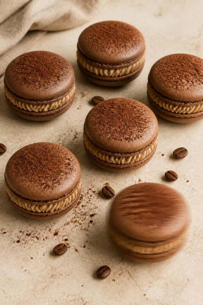 Macaron café-tiramisu décalé devant la rangée