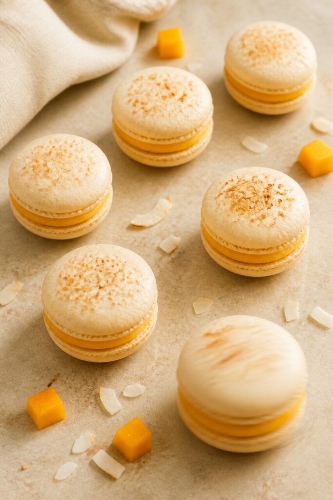 Macaron coco-mangue placé devant les cinq autres pièces