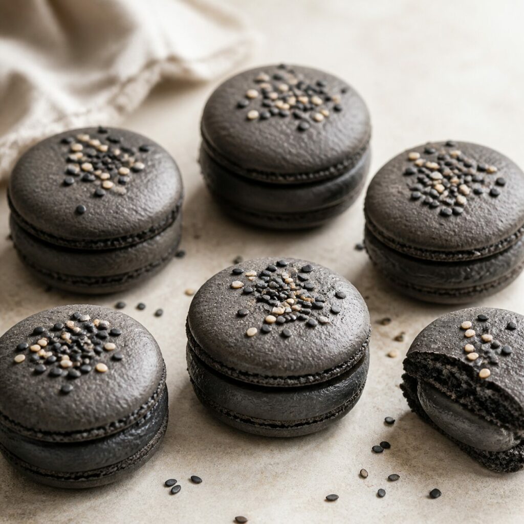 Dunkles Macaron mit Sesamkörnern
