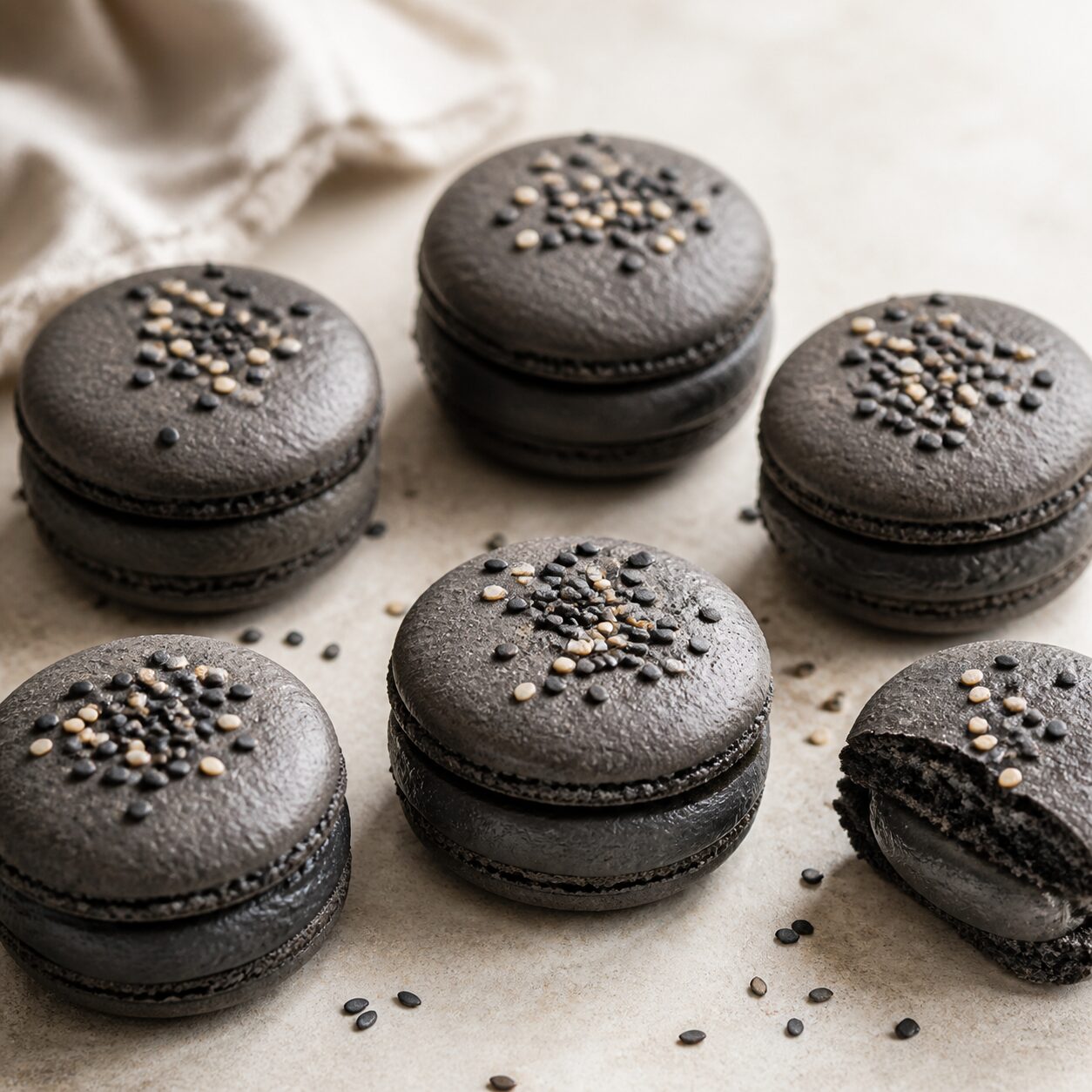 Dark macaron finished with sesame seeds