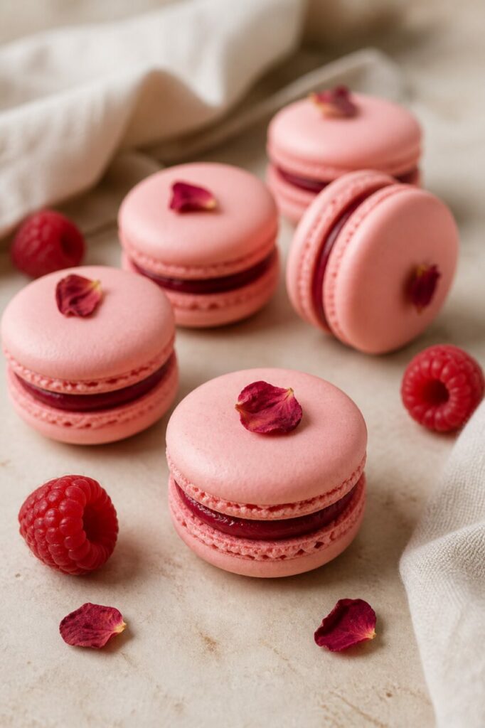 Framboises et pétales autour de six macarons roses