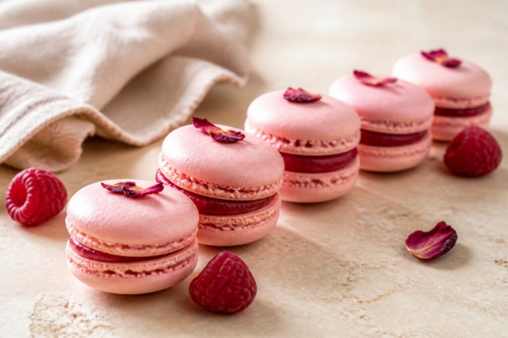 Cinq macarons roses alignés avec framboises et pétales