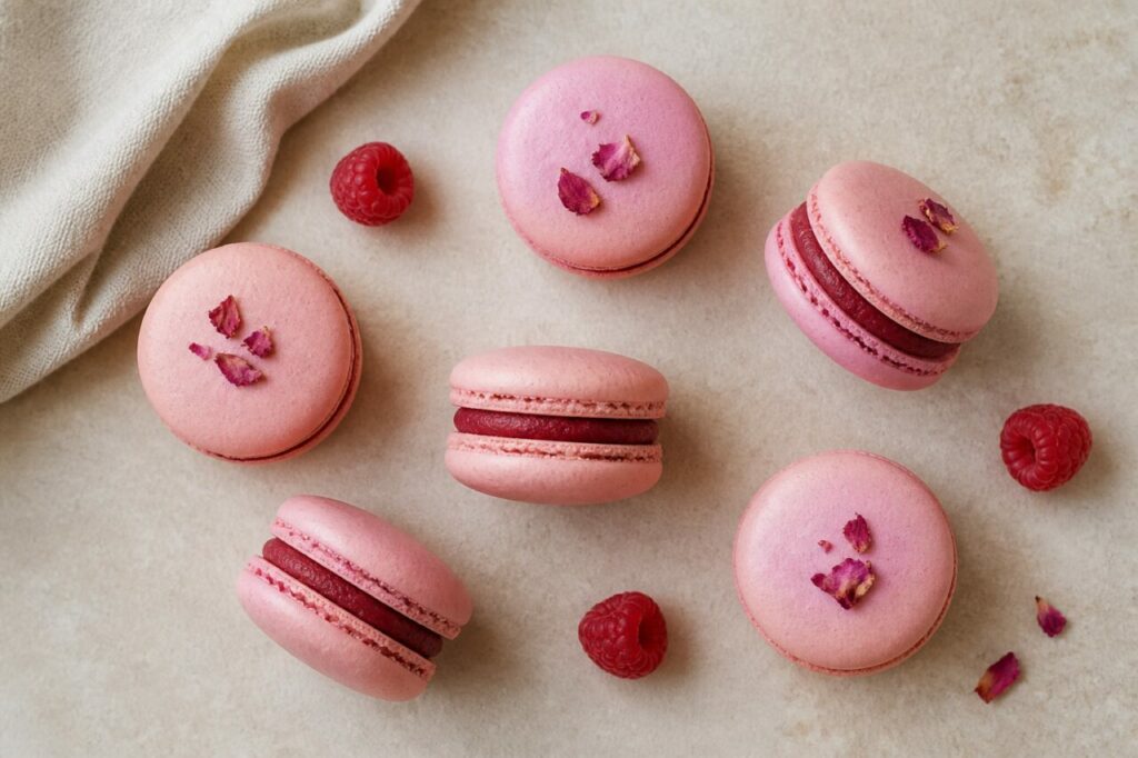 Macarons roses éparpillés parmi framboises et pétales