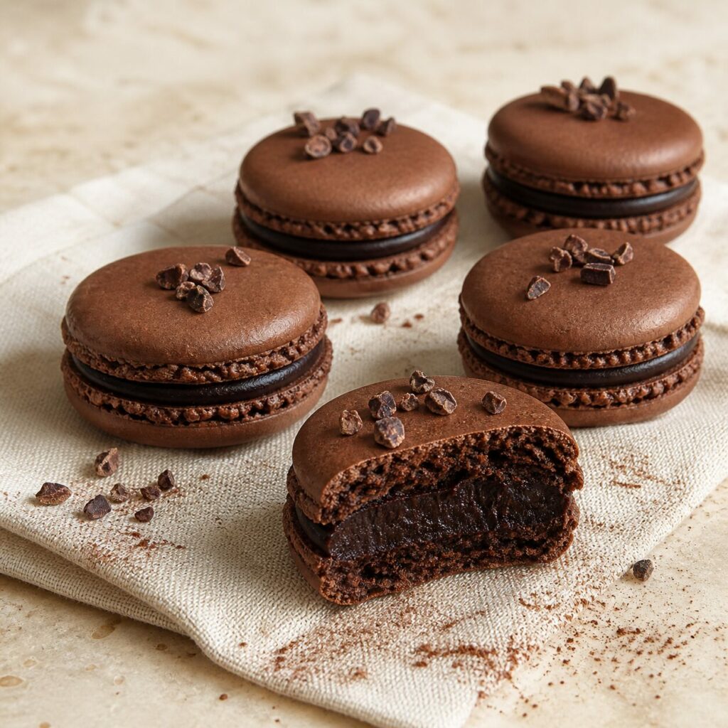 Ganache visible dans un macaron au chocolat croqué