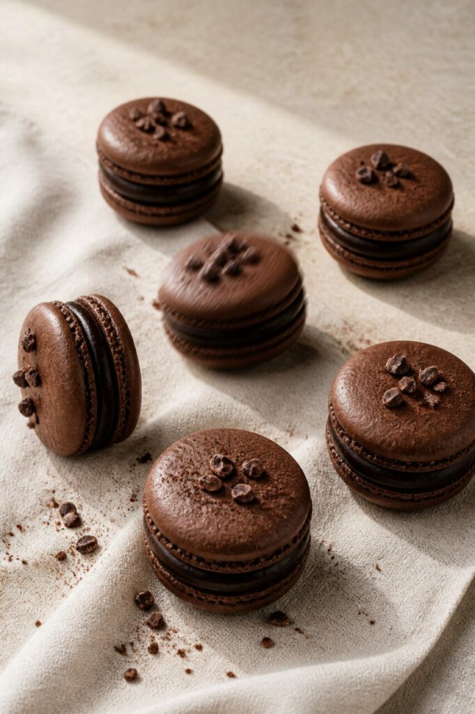 Macaron central rodeado de conchas de chocolate