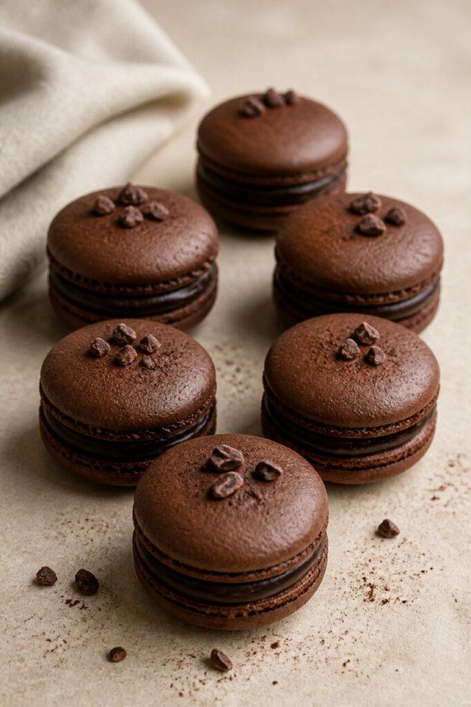 Six macarons au chocolat noir réunis sur la table