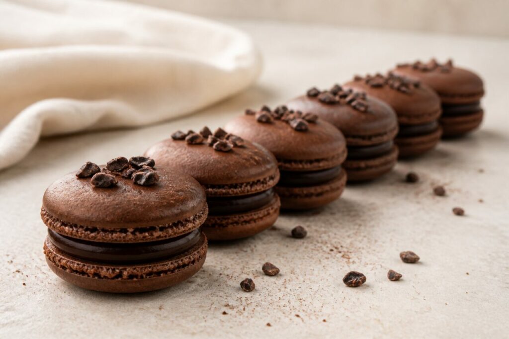 Ligne de macarons noirs aux coques régulières