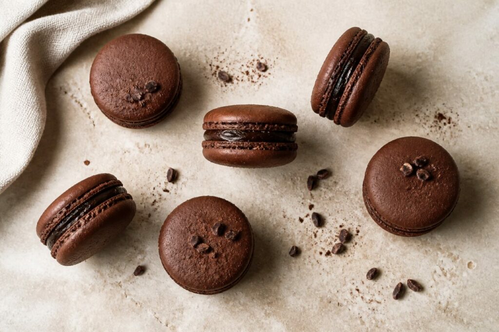 Macarons chocolatés dispersés sur une surface poudrée de cacao