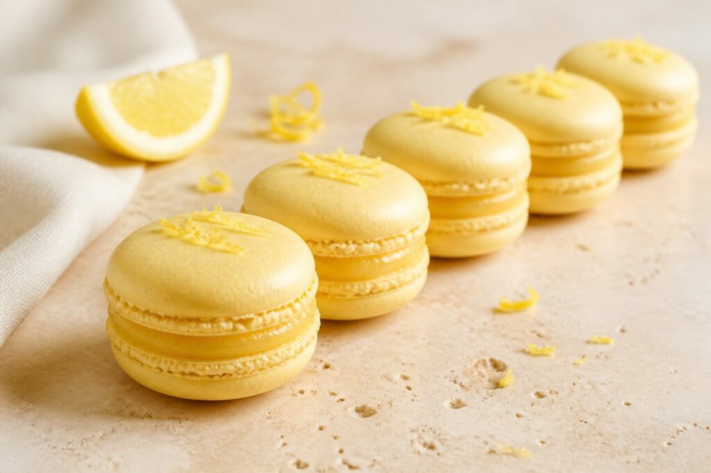 Rangée régulière de macarons au citron