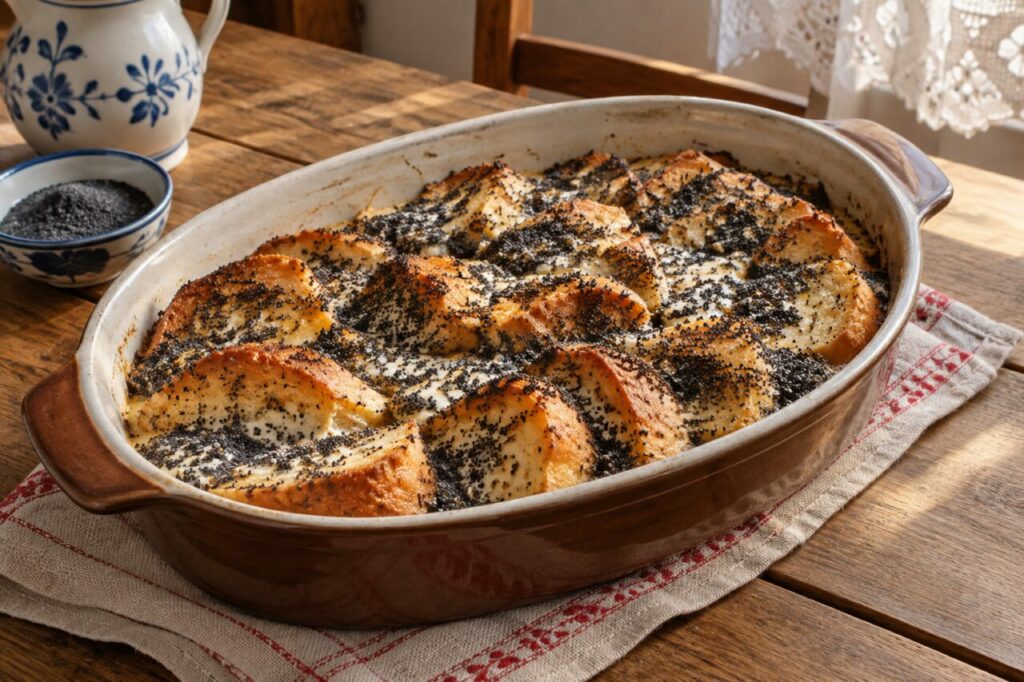 Baked Hungarian mákos guba with poppy-seed bread slices