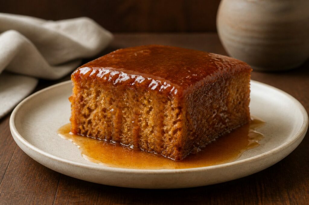 Malva pudding sudafricano con salsa caliente en primer plano