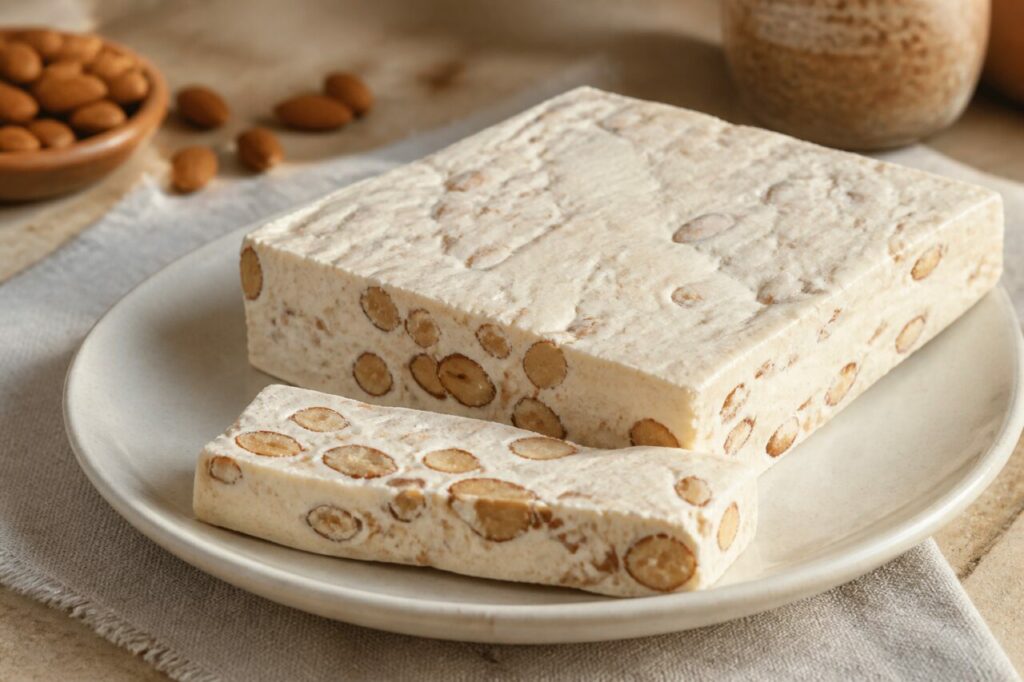 Mandolato grego de Corfu, nougat branco de amêndoas em bloco e fatia