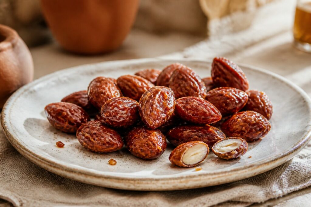 Mandoles gregas de Corfu, amêndoas caramelizadas brilhantes em bocados ovais