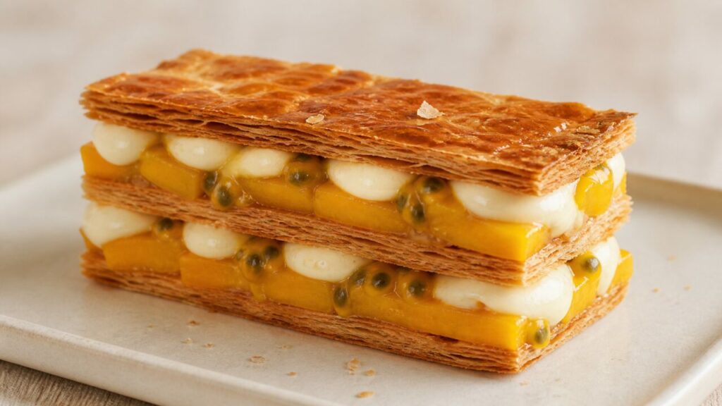 Mangue en dés dans la crème du mille-feuille mangue-passion