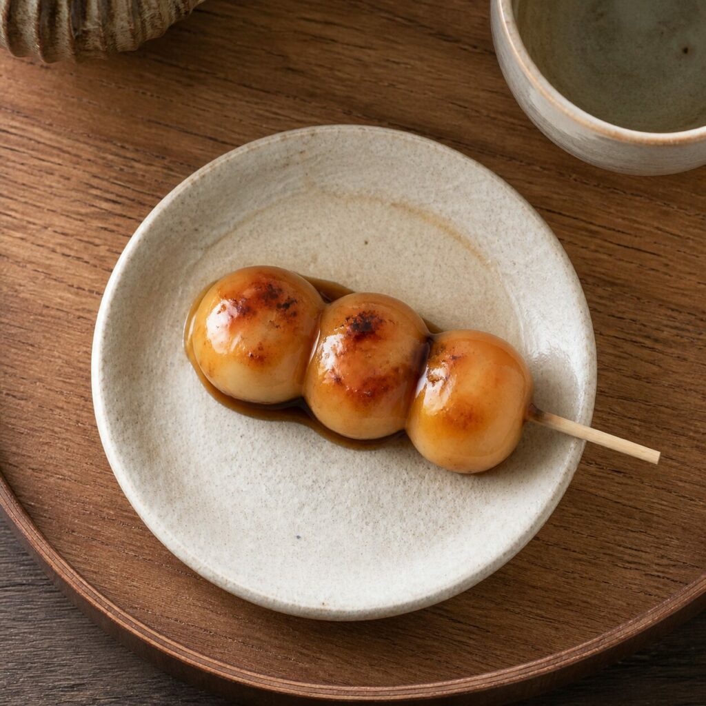 Marcas tostadas bajo el glaseado de los mitarashi dango