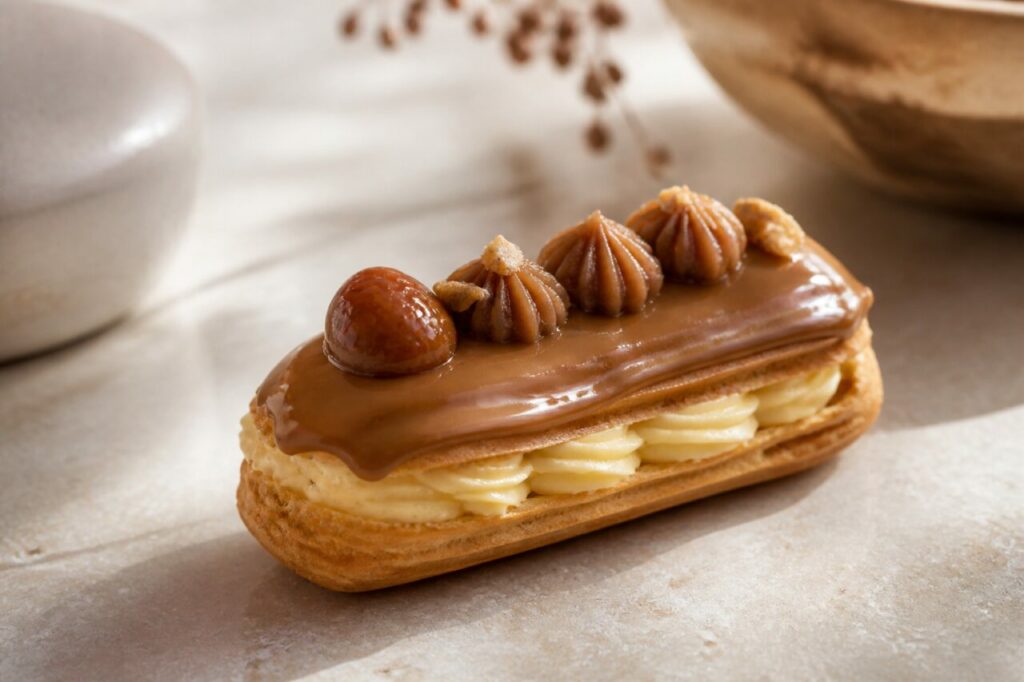 Glazed chestnut and chestnut cream top the éclair
