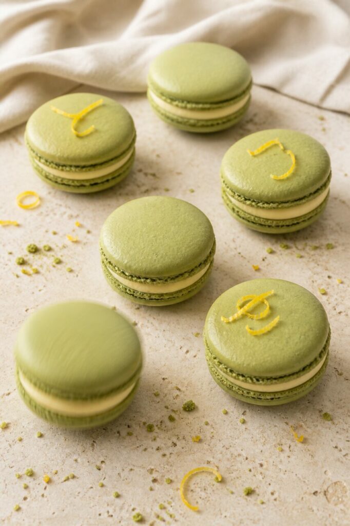 Matcha en poudre saupoudré sur les macarons au yuzu