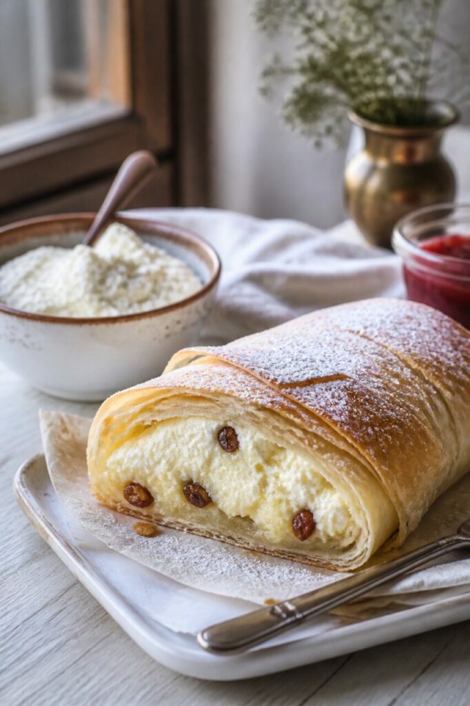 Matin paisible près de la fenêtre autour du topfenstrudel et de la compote