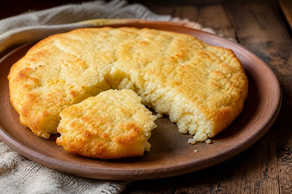 Mbejú paraguayen au manioc et au fromage, galette dorée friable en coupe sur terre cuite