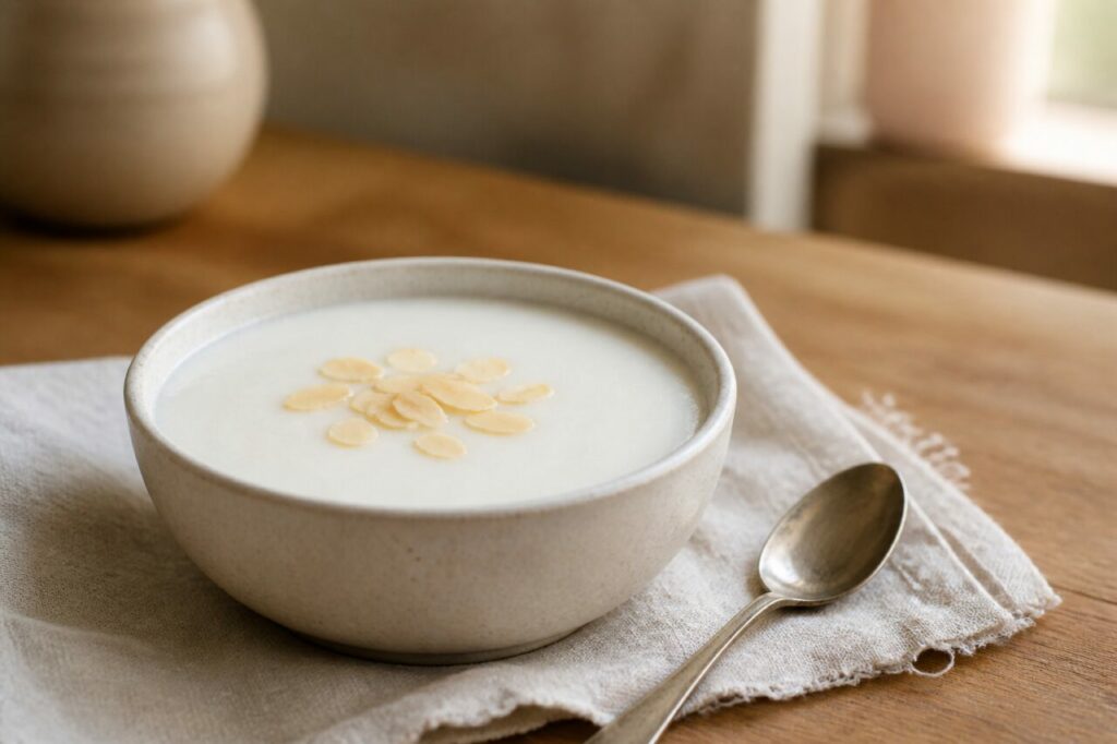 Douceur catalane traditionnelle — menjar blanc blanc et lisse servi en coupelle avec quelques amandes effilées