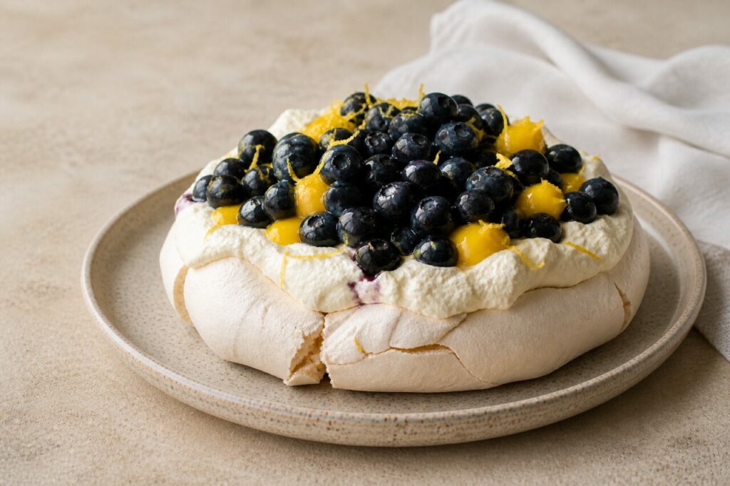 Merengue branco com fissuras na pavlova de mirtilos e limão