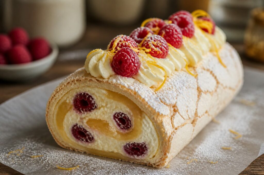 Meringue craquelée sur la roulade au citron et aux framboises
