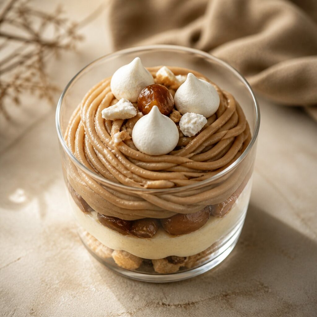 Meringhe bianche e marron glacé nel bicchiere di Mont Blanc