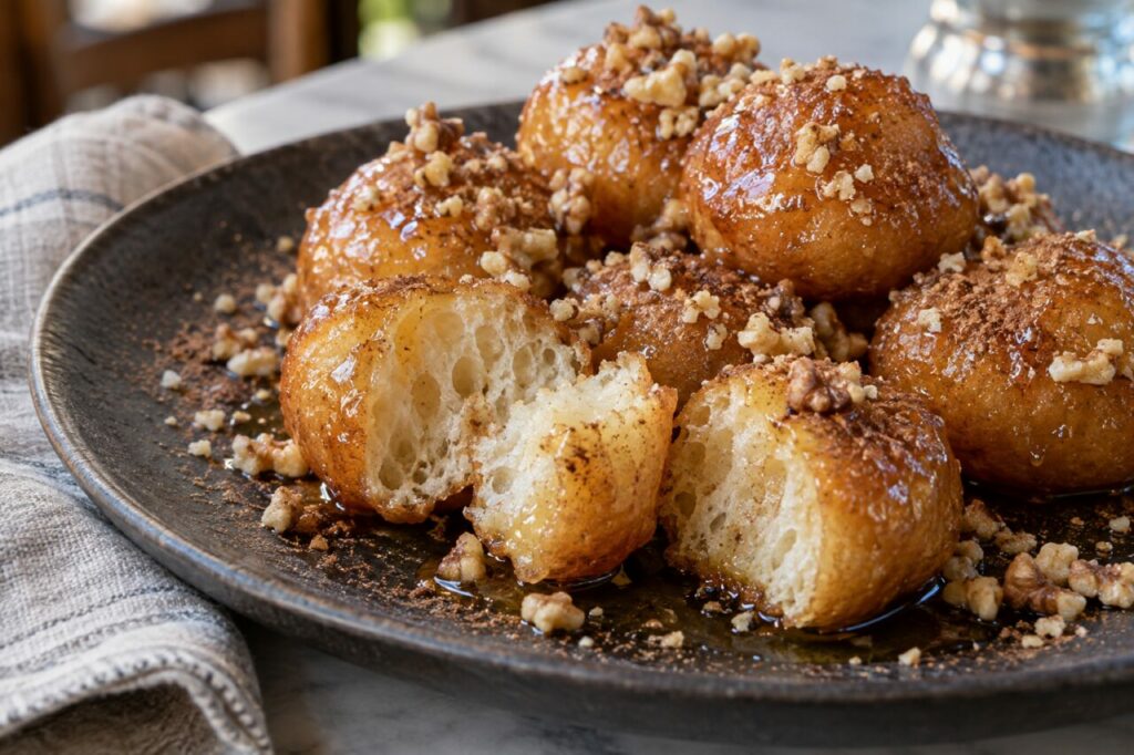 Mie aérée dévoilée dans des loukoumades grecs au miel, noix et cannelle
