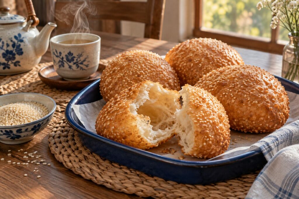 Mie aérée du bánh tiêu déchiré sur plateau bleu