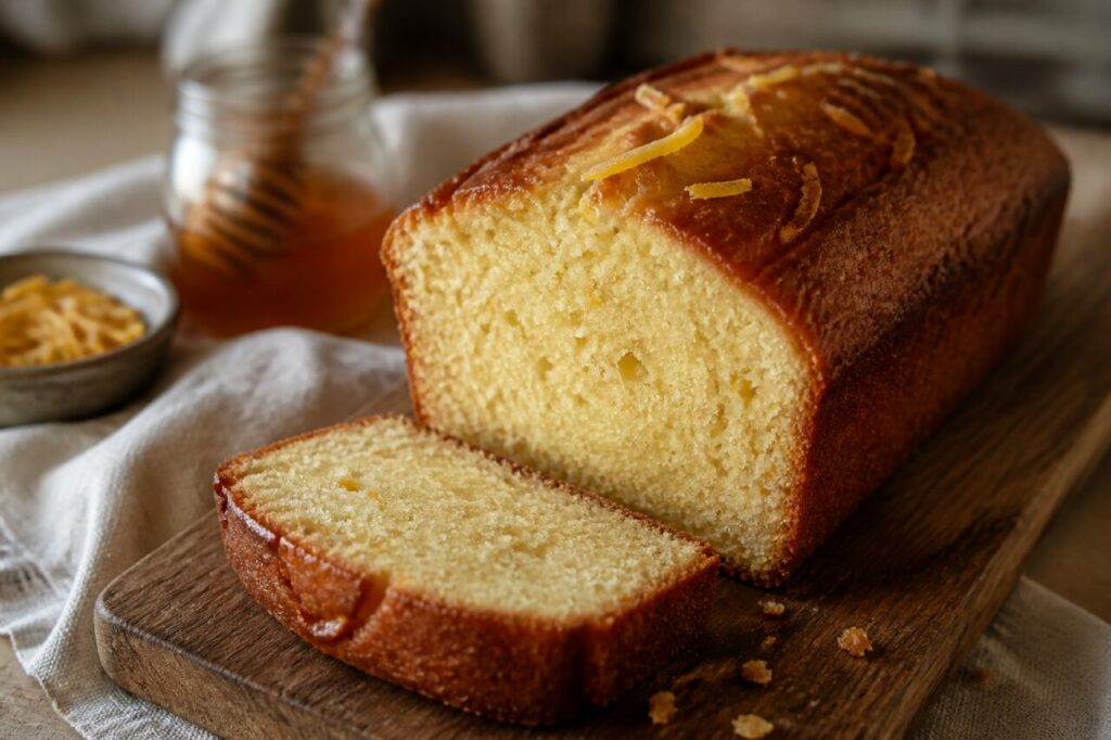 Soffice mollica dorata nel plumcake al miele e limone candito