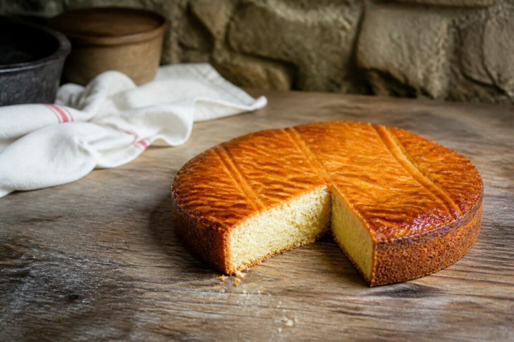 Mie jaune dense dans le gâteau breton au beurre salé entamé