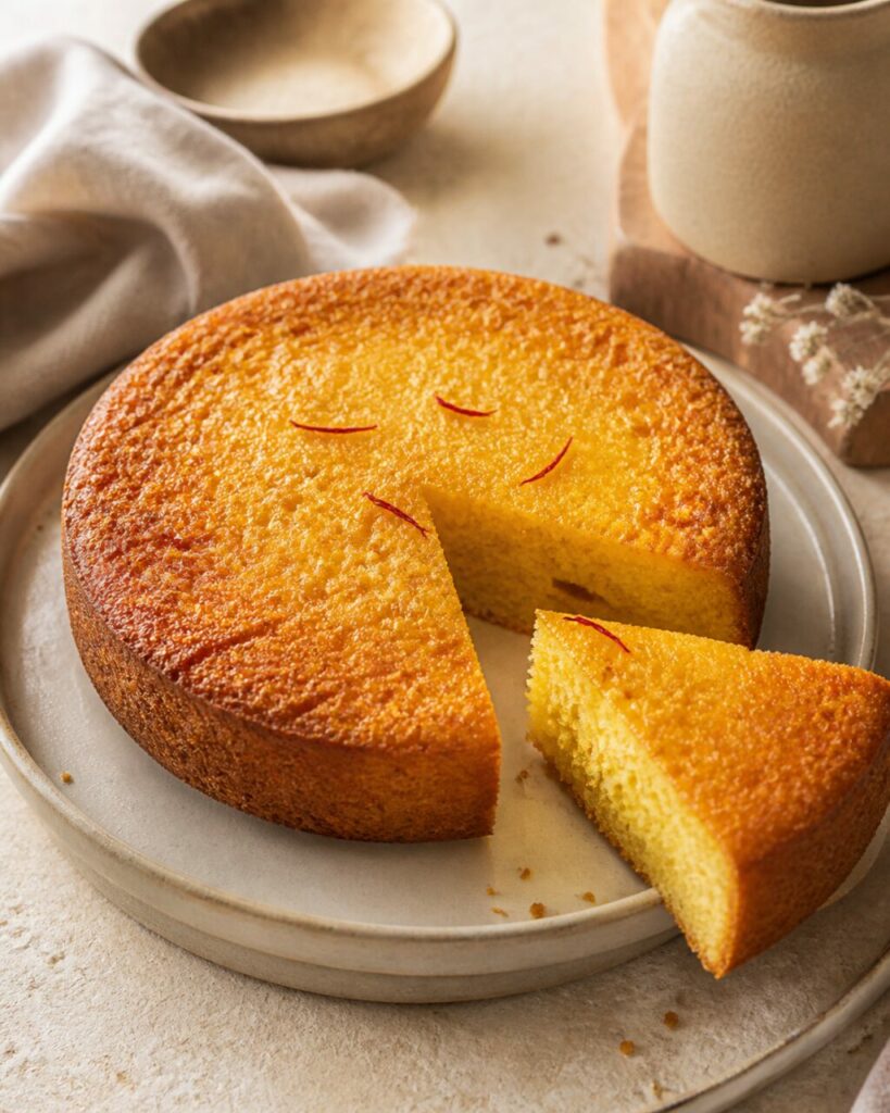 Miolo fino e amarelo do bolo de mel e açafrão