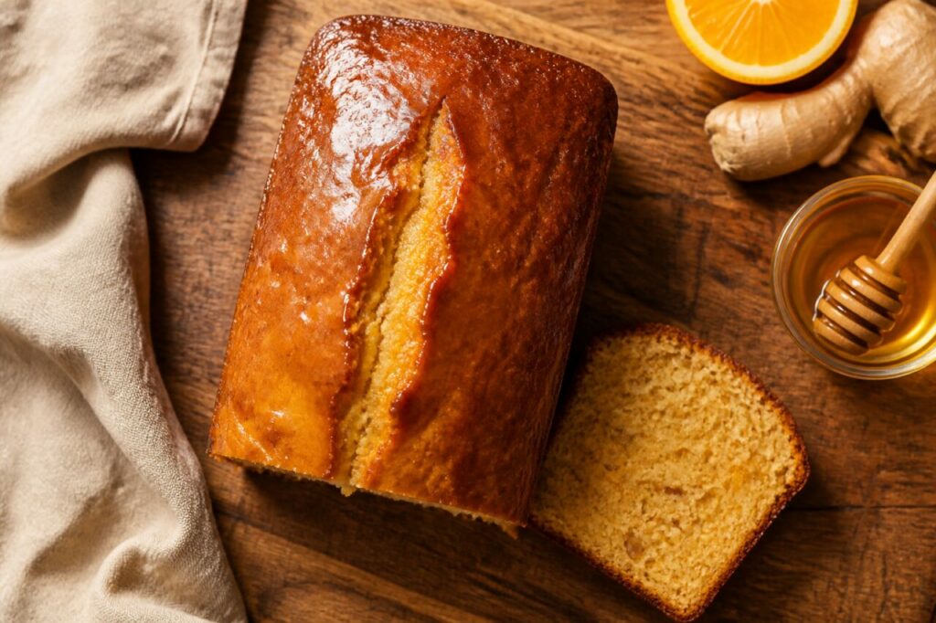 Mel, laranja fresca e raiz de gengibre junto ao bolo de mel