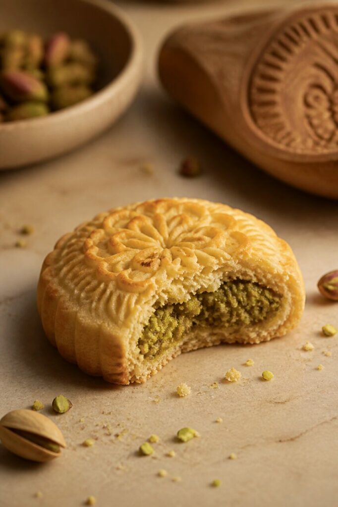 Briciole dorate tra il maamoul e uno stampo intagliato nel legno