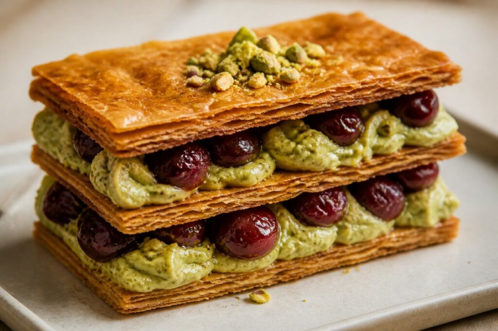 Knapperig bladerdeeg, pistacheroom en zure kersen in de mille-feuille