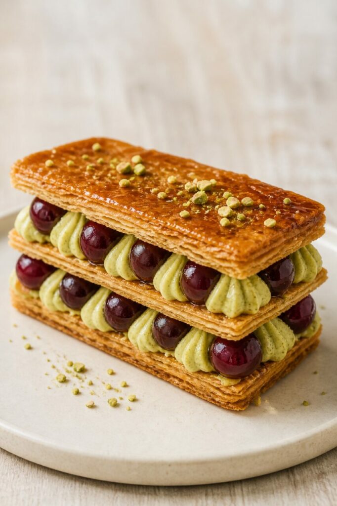 Gestapelde lagen in de mille-feuille met pistache en zure kersen