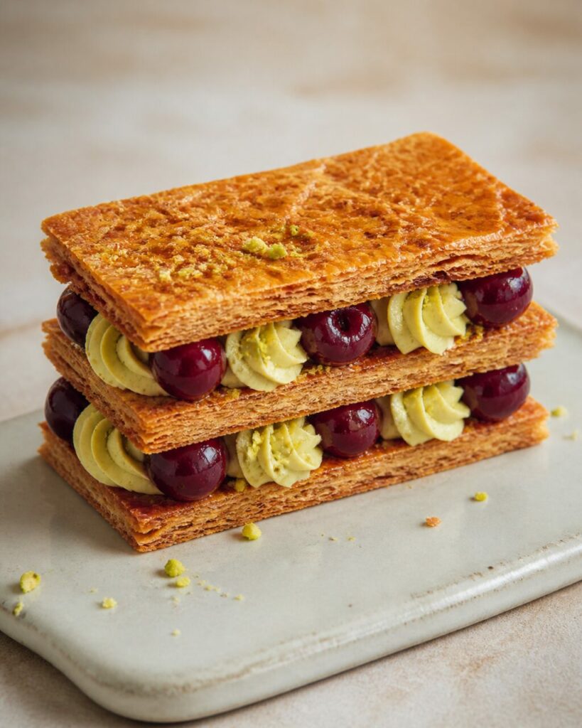 Hoge mille-feuille met pistache en zure kersen klaar om te serveren