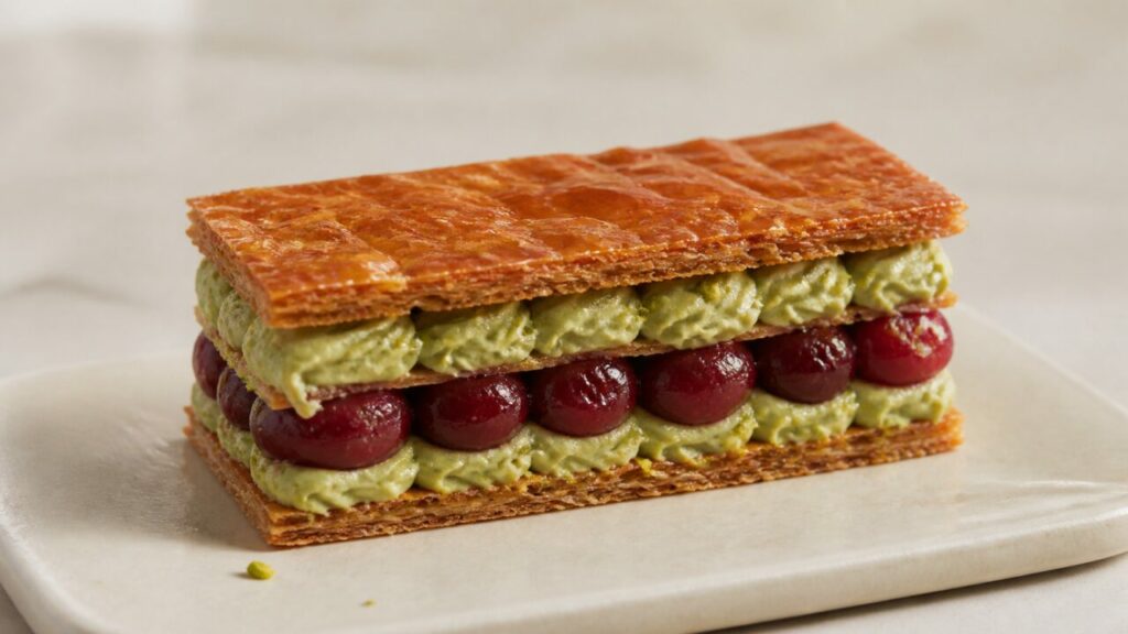 Rangées de crème et de griottes entre les feuillets du mille-feuille