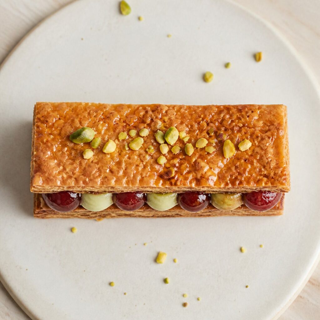 Rechthoekige mille-feuille gevuld met pistache en zure kersen