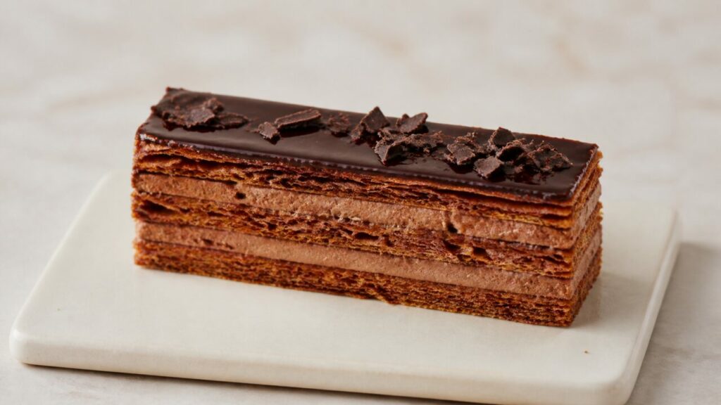 Longue pièce de mille-feuille au chocolat