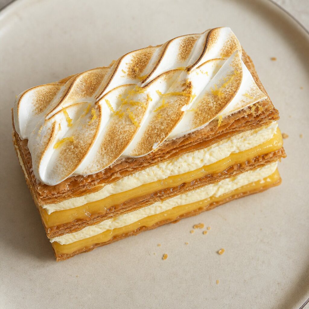 Faixa de merengue dourado sobre o mil-folhas